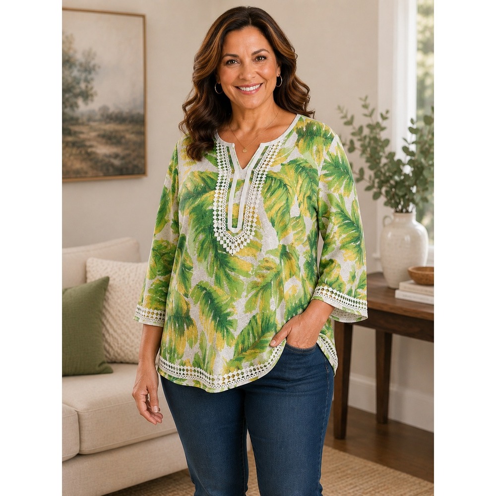 Alfred Dunner Top Women Petite XL Green‎ Tropical Palm Leaf Crochet Trim